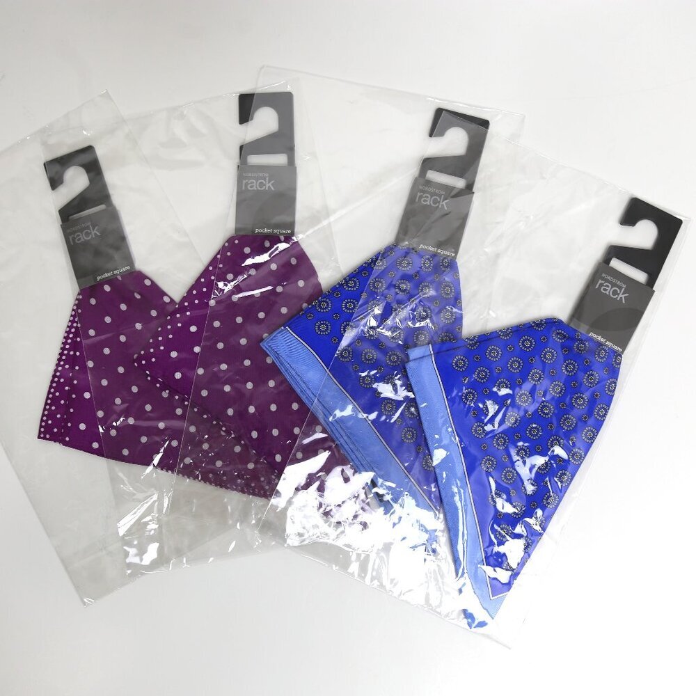 NWT Men's Nordstrom Rack 4-Pack Pocket Square Bundle - Purple & Blue Polka Dot